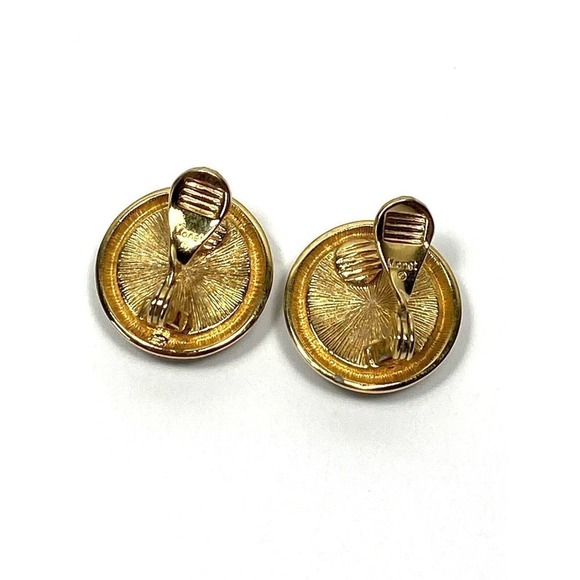 MONET Clip Ons Clips Earrings Black Acrylic Gold Tone Circles Vintage Signed - Picture 3 of 10